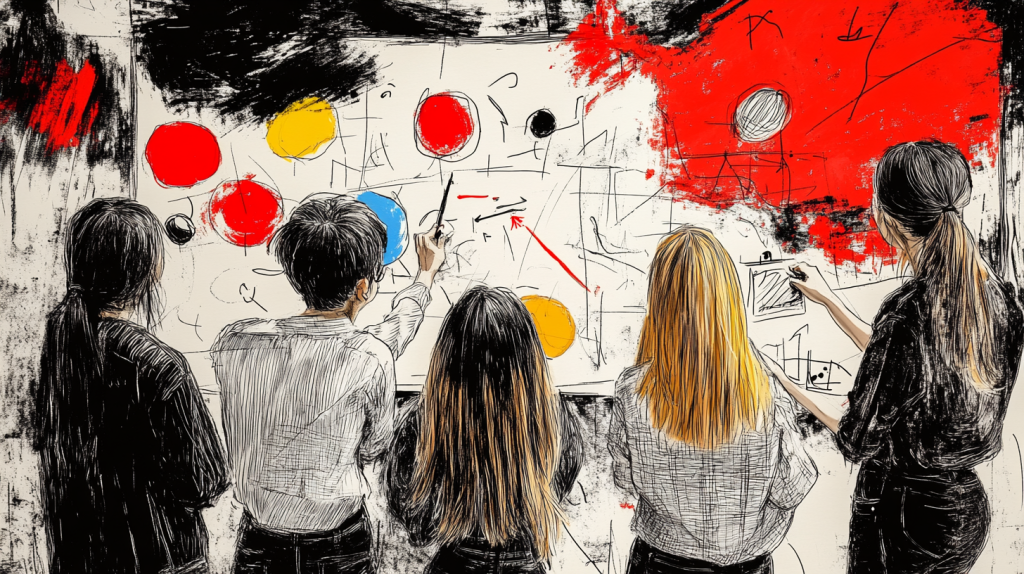 40 Powerful Facilitation Questions To Get People To Open Up 5 an illustration depicting a group of people working on a flip chart