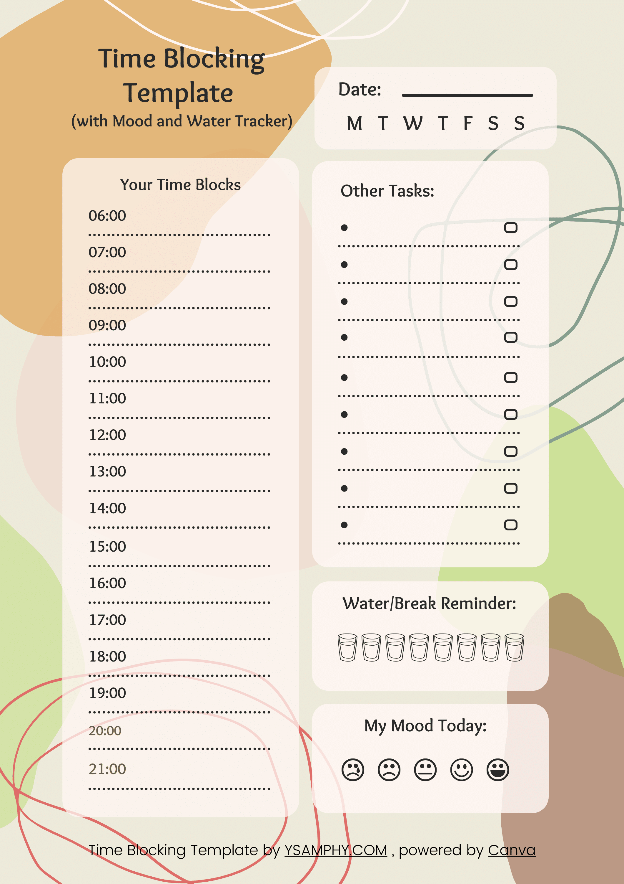 10 Time blocking template (with mood and water tracker)