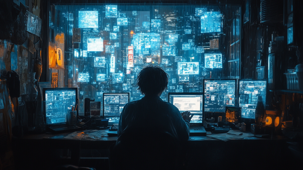 Understanding Night Owls' Psychology: Insights And Strategies For Productivity 11 A night person working on a laptop in a dark room, surrounded by technology