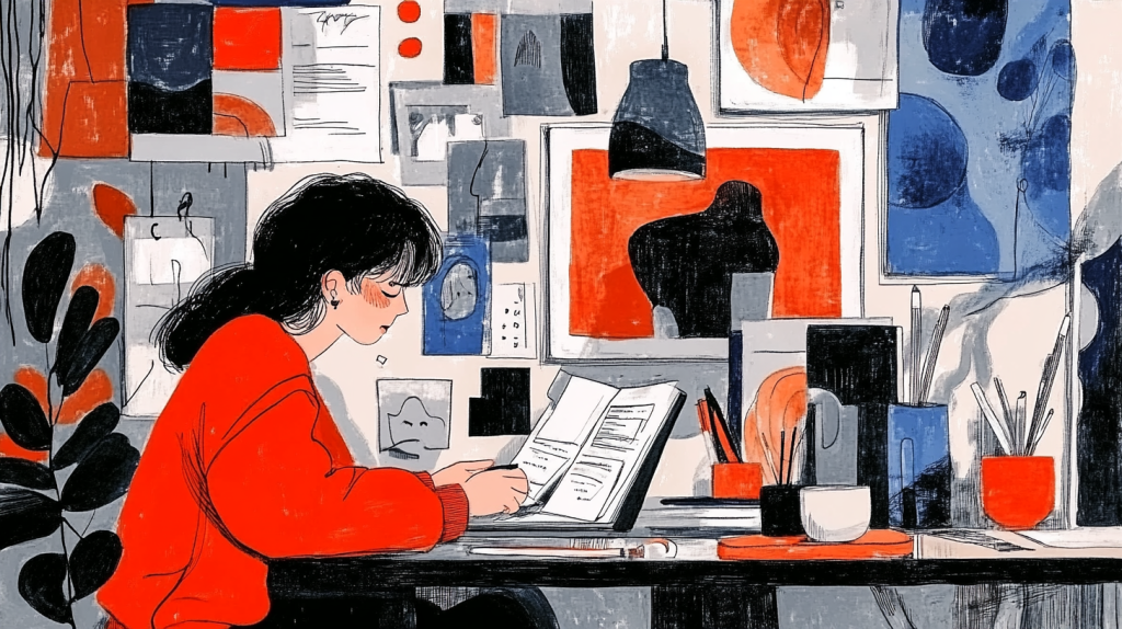 an illustration depicting a woman working remotely on digital documents
