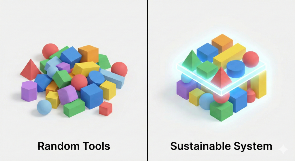 Ai Productivity Systems For Knowledge Workers: How To Go From Random Tools To A Sustainable Workflow 1 A visual comparison showing the difference between using random AI tools and having a structured, sustainable AI productivity system