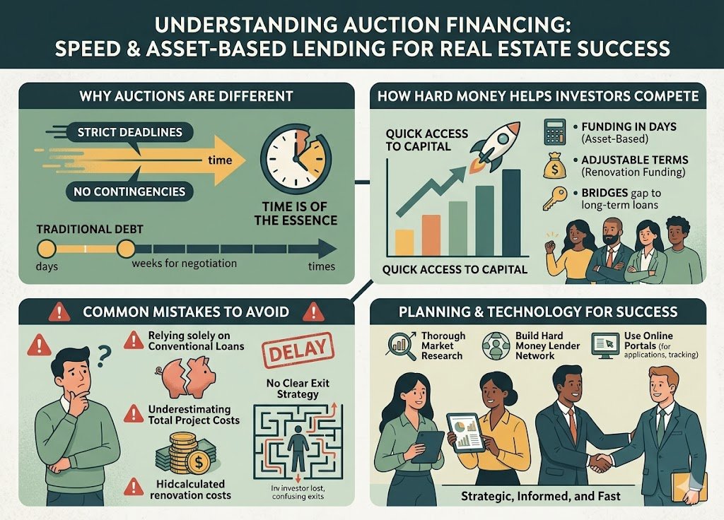 How Auction Financing Really Works In Real Estate (And Why Most Investors Get It Wrong) 1 A detailed infographic titled "Understanding Auction Financing: Speed & Asset-Based Lending for Real Estate Success." It features four panels: 1. "Why Auctions Are Different" (comparing a strict 24h-28d timeline to longer conventional loans); 2. "How Hard Money Helps Investors Compete" (showing an upward graph and five smiling investors); 3. "Common Mistakes to Avoid" (showing a man thinking, fragmented savings, and cost icons); 4. "Planning & Technology for Success" (showing people with a tablet and a handshake).