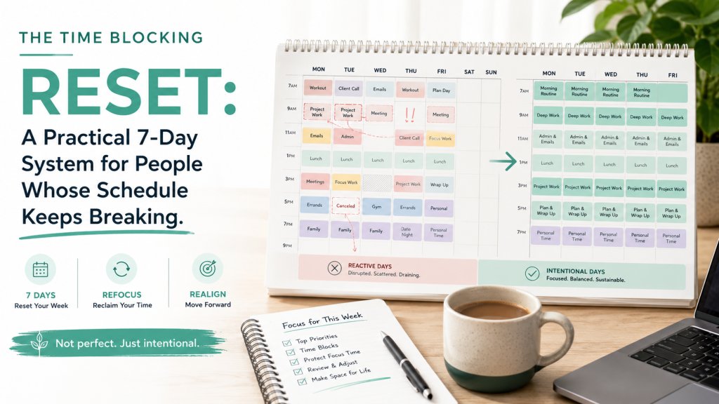 The Time Blocking Reset: A Practical 7-Day System For People Whose Schedule Keeps Breaking 1 A seven-day time blocking reset system showing capture everything, decide what matters, rebuild your calendar, add recovery blocks, expect interruptions, review without judging, and improve one thing.
