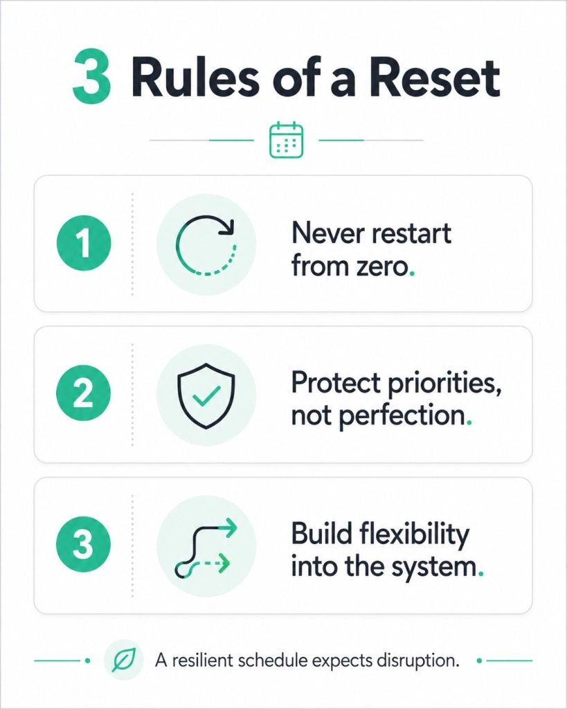 The Time Blocking Reset: A Practical 7-Day System For People Whose Schedule Keeps Breaking 3 Three rules of a reset: never restart from zero, protect priorities not perfection, and build flexibility into the system.