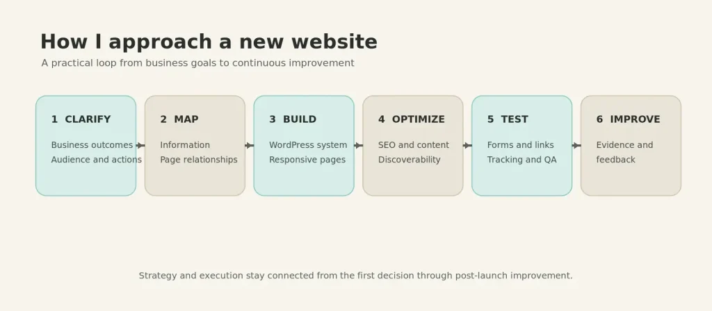 Selected Wordpress Websites: Owned Platforms And Client Work 3 Six-step website approach: clarify, map, build, optimize, test, and improve.