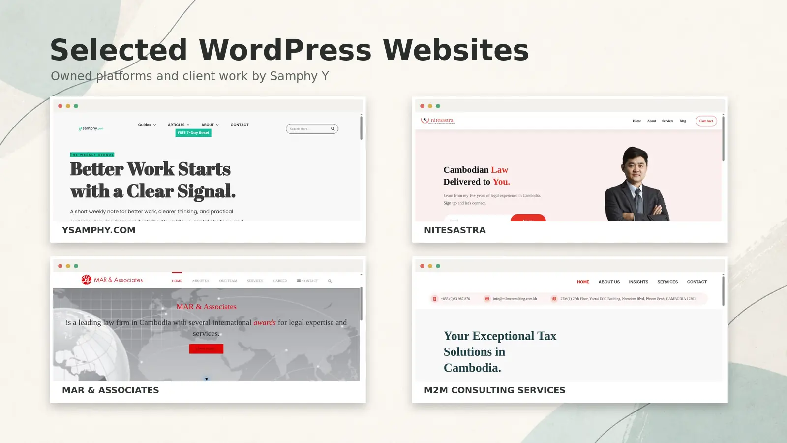 Selected Wordpress Websites: Owned Platforms And Client Work 2 Selected WordPress websites built or managed by Samphy Y