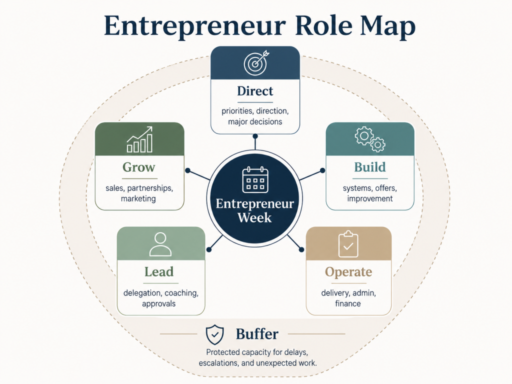 Time Blocking For Entrepreneurs: A Weekly System For Strategy, Sales, And Operations 3 Entrepreneur Role Map showing Direct, Grow, Build, Operate, Lead, and Buffer