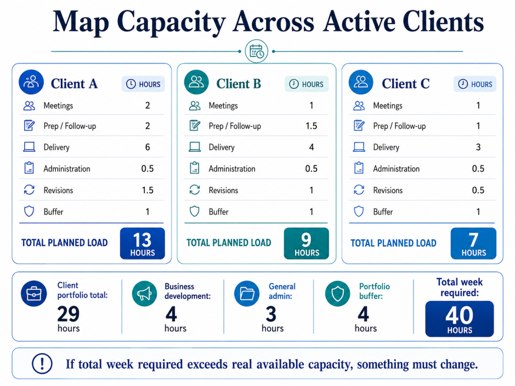 Time Blocking For Consultants: Account For The Full Cost Of Client Work 5 Consultant capacity map comparing planned hours across three active clients