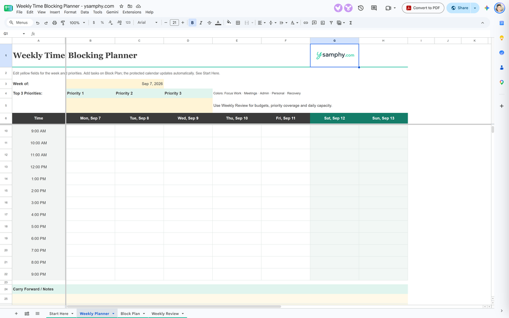 Free Time Blocking Template For Google Sheets And Excel 1 Weekly time blocking template for Google Sheets with Monday to Sunday schedule