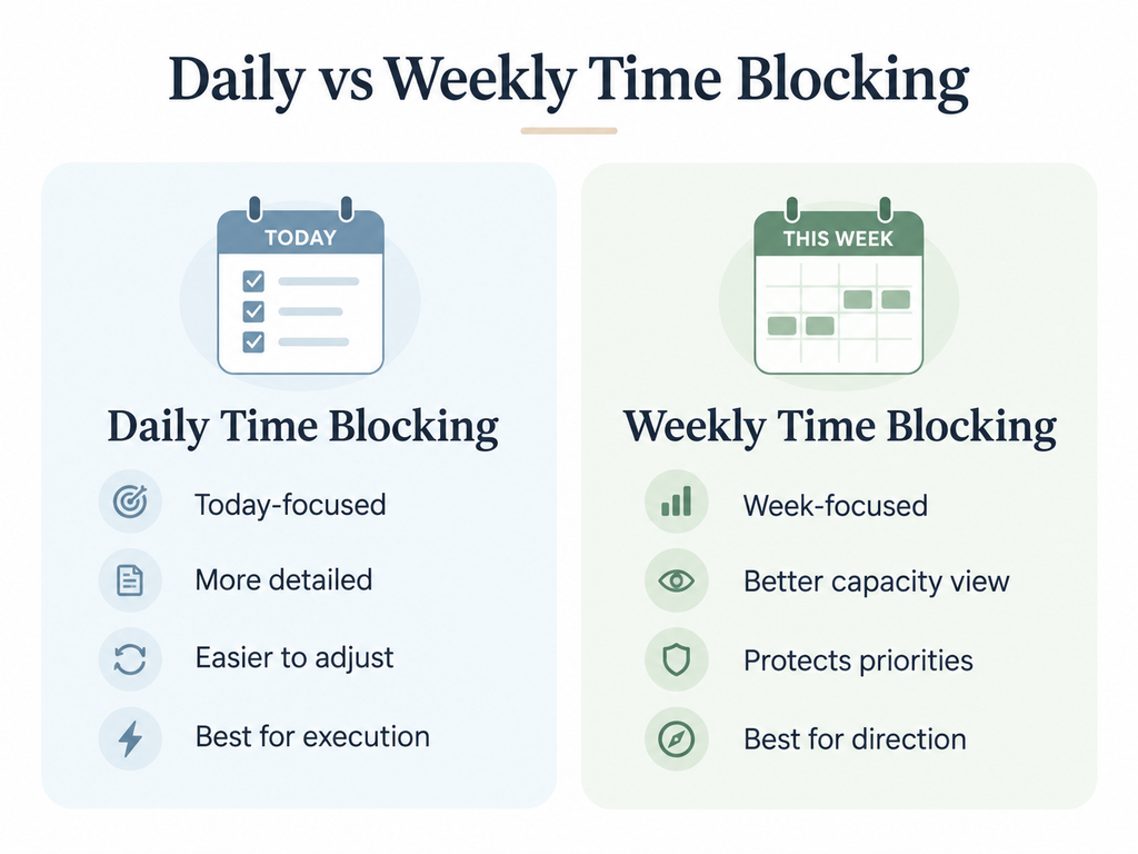 Daily Vs Weekly Time Blocking: Which Planning Rhythm Works Better? 1 Daily vs weekly time blocking comparison showing execution, flexibility, capacity, and priorities