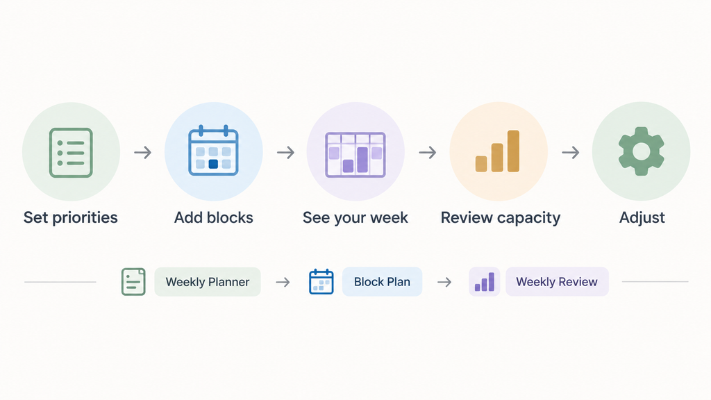 Free Time Blocking Template For Google Sheets And Excel 3 Time blocking template workflow showing priorities, time blocks, weekly planning, capacity review, and adjustment
