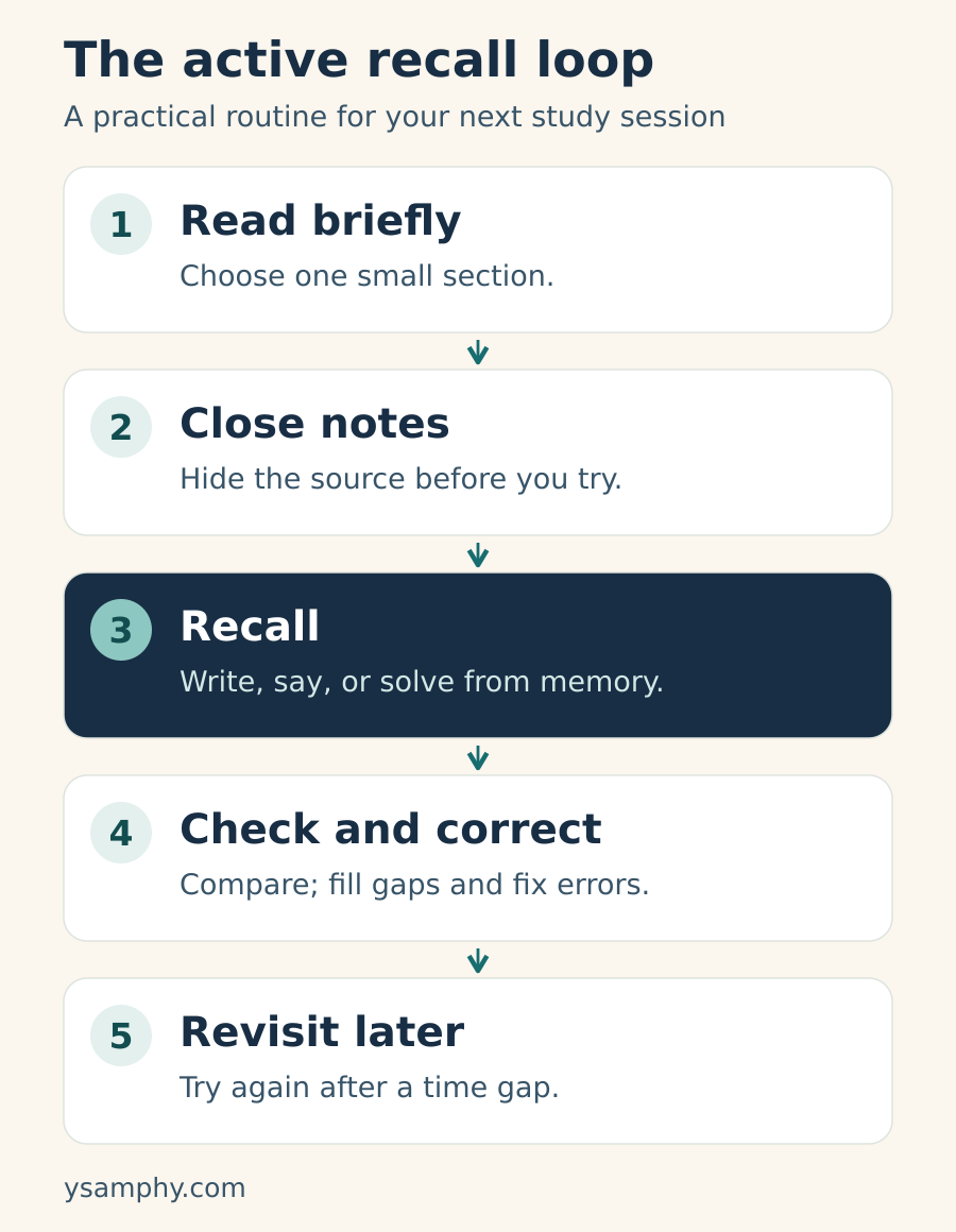 The Active Recall Loop Five steps for active recall: read briefly, close notes, recall from memory, check and correct, then revisit later.