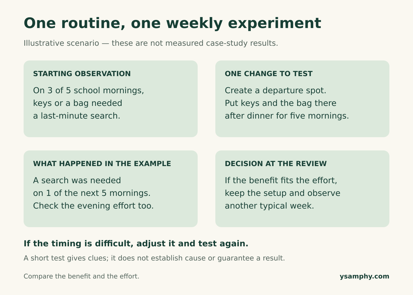 Kaizen In Daily Life: 7 Practical Examples And A Weekly Routine 3 Illustrative weekly experiment: use a departure spot, compare morning searches, and review the effort before keeping the change.